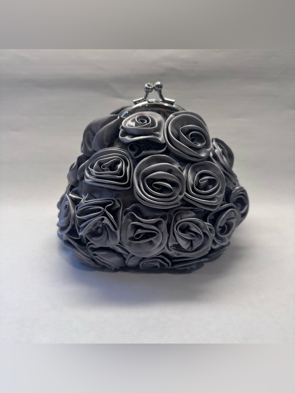 Vintage Dollhouse Silver 3D Satin Rose Ball Clutch Purse Formal Wedding Y2K Bag
